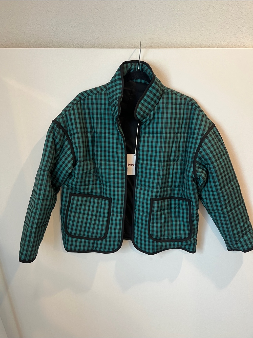Green Black Plaid Quilted Jacket - Casual Light Puffer Coat S
